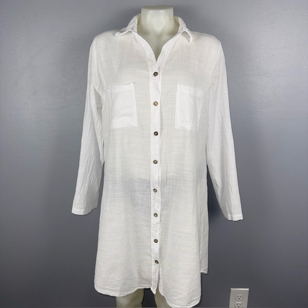 Blanco Cabana Button Up Shirt‎ Dress Women’s Large White Peru Roll Tab Sleeves